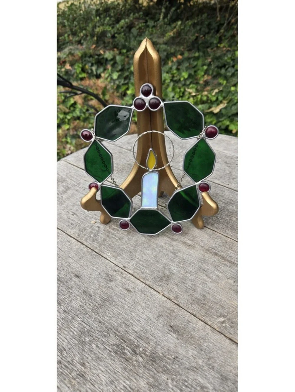 Vintage Stained Leaded Glass Christmas Holly Wreath & Candle Suncatcher 7X7